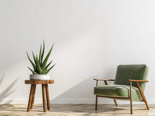Wooden stool supports aloe plant next to vintage green armchair