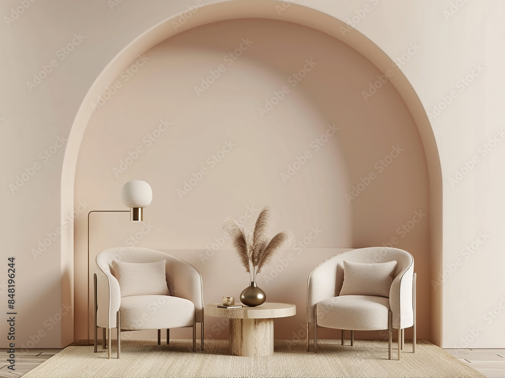 Wall mural symmetrical armchairs, simple coffee table living room design in 3d