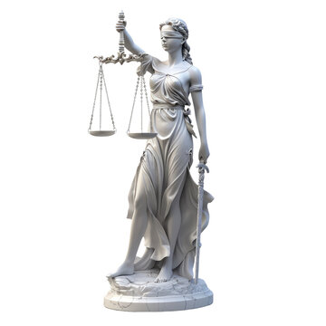 3D Lady Justice statue blindfolded and holding scales, with marble texture, isolated on transparent background, symbolizing law, fairness, and judicial authority.