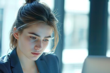 Fototapeta premium Professional woman reviewing documents on her laptop, great for office or corporate settings