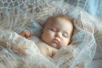 A baby lies peacefully in a white mesh crib, surrounded by soft light