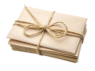 Stack of brown envelopes tied with twine. These rustic and eco-friendly envelopes are perfect for mailing and organizing documents, isolated on transparent background, png.