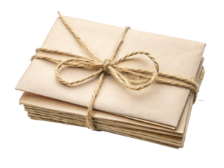 Stack of brown envelopes tied with twine. These rustic and eco-friendly envelopes are perfect for mailing and organizing documents, isolated on transparent background, png.