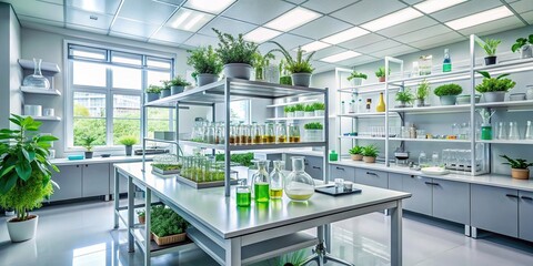 Laboratory interior with modern lab equipment and various herbs on shelves , science, research, laboratory, technology