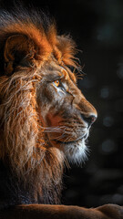 Majestic lion in profile against dark background