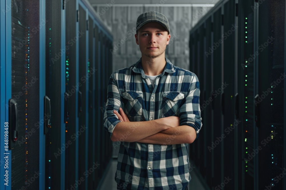 Poster man working in a data center or it facility, surrounded by servers and computer equipment