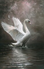Fototapeta premium white swan in a pond with pink flower