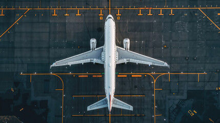 Aerial view of an airplane parked on a runway at an airport.