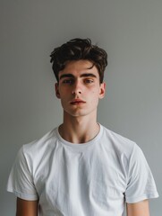 Fototapeta premium A young man posing for a photo wearing a white t-shirt, ready for a shoot or a special occasion