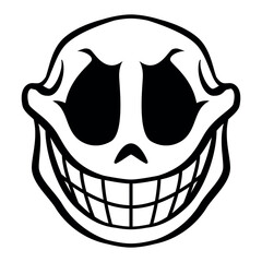 cartoon caricature smiling skull, black and white vector tattoo illustration, isolated on white