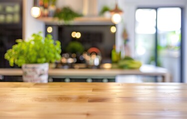 Obraz premium Close-up of a wooden kitchen countertop with blurred herbs and plants in the background, creating a warm and inviting atmosphere.