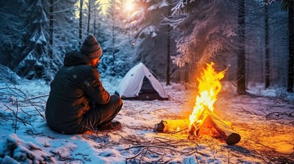A man sits beside a campfire in snowy surroundings, perfect for winter or outdoor-themed projects