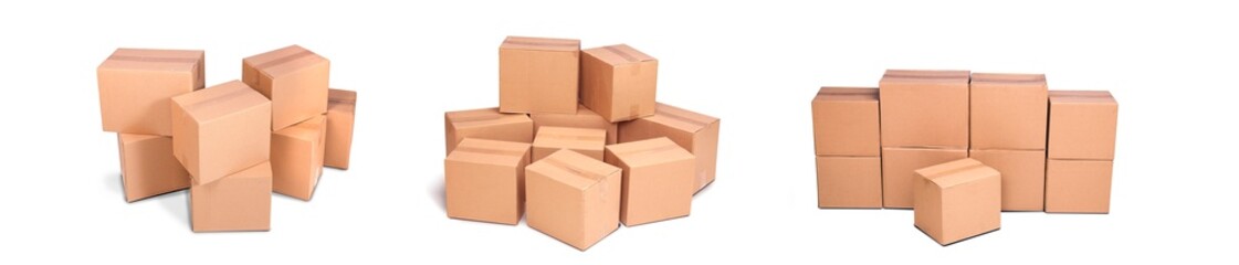 Title: cardboard pile or piles box or stack carton isolated on white background. Online marketing packaging boxes and delivery