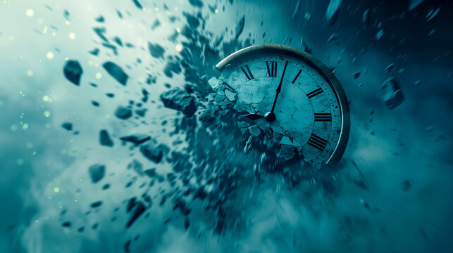 Shattered, destroyed old clock on blue background, concept of deadline and time running out