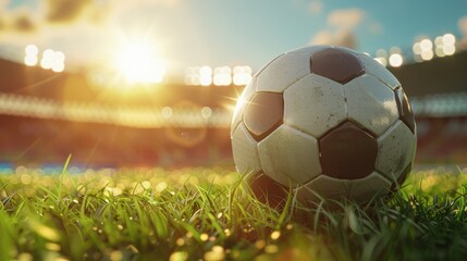 Obraz premium Soccer ball on the grass in front of stadium with blurred fans, sunlight and bokeh effect.