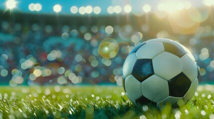 Fototapeta premium Soccer ball on the grass in front of stadium with blurred fans, sunlight and bokeh effect.