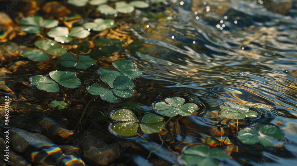 Wall mural close-up of a calm water surface covered in water lilies, perfect for peaceful backgrounds or nature