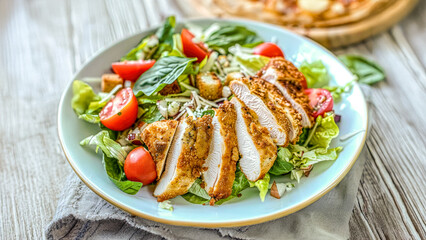 Crispy chicken on salad with tomatoes.