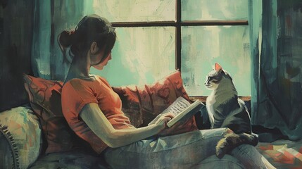 Woman reading a book next to her cat