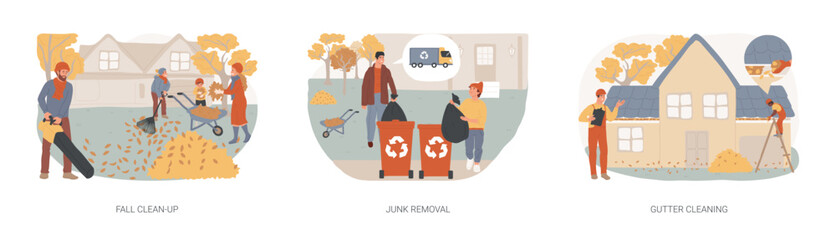 Autumn garden maintenance isolated concept vector illustration set.