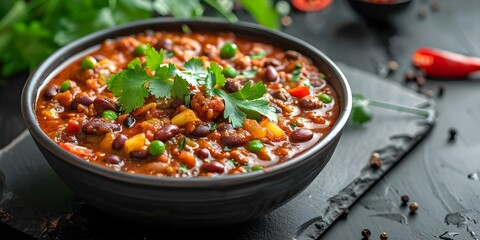 Vegetarian Rajma Masala Curry in a black bowl on a slate table. Concept Food Photography, Vegetarian Recipe, Indian Cuisine, Black Bowl, Slate Table