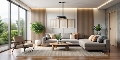 Modern living room with minimalist design, sleek furniture, neutral colors, and natural light, modern