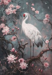 Naklejka premium colorful crane with pink flowers in a mystic environment, paradise bird 