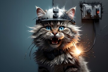 a scared cat in a construction helmet stands near a switch with electricity, a short circuit in electricity