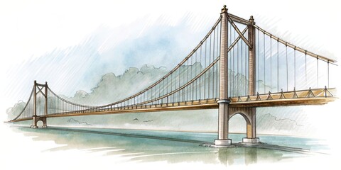 Sketch lines of suspension bridge rendering, suspension bridge, rendering, architectural design, engineering