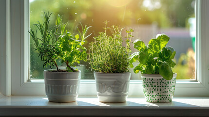 Fototapeta premium DIY herb garden in pots on a kitchen windowsill