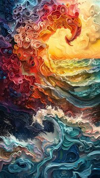 Abstract paper art of ocean waves with a sunset in the background