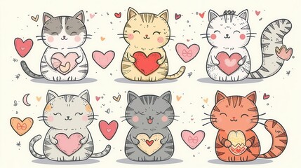 adorable cartoon cats holding hearts cute kitten tshirt or mug design set