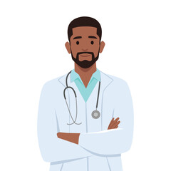Fototapeta premium Young doctors in white medical coats standing with arms folded. Flat vector illustration isolated on white background