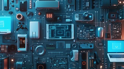 Fototapeta premium A set of smart home gadgets on a subtle circuit design background, showcasing advanced home technology. --ar 16:9 --style raw Job ID: 82e08615-907a-41a7-a3da-6e804051661f