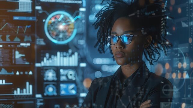 african american female it specialist analyzing cyber security data ai concept collage