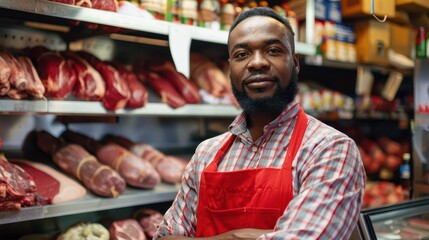 african american male butcher in red apron uniform standing in butcher shop small business portrait