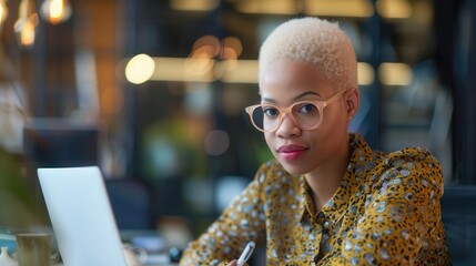 african american woman with albinism working in diverse office candid photo