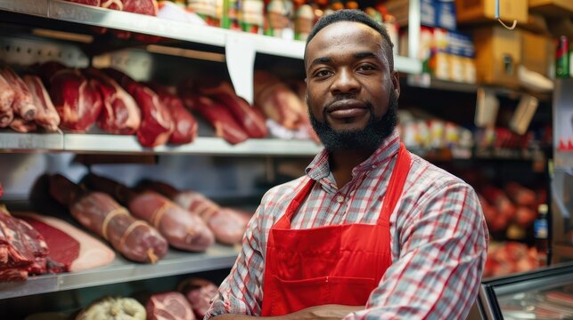 african american male butcher in red apron uniform standing in butcher shop small business portrait - Powered by Adobe