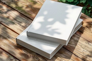 Two White Books Mockup with textured hardcover on wooden table outdoors. 3d rendering. generative ai.