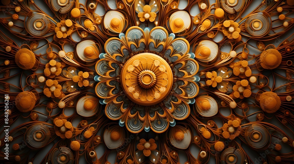 Poster intricate circular geometric pattern with concentric circles and radial symmetry in warm earthy tone