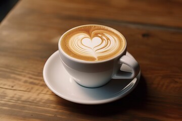 Cup of cappuccino on wooden cafe table, cup of coffee on desktop, cafe menu, coffee shop advertising