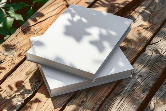 Two White Books Mockup with textured hardcover on wooden table outdoors. 3d rendering. generative ai.