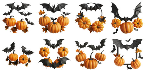 Fototapeta premium Set of Halloween Banner With Pumpkins And Bats isolated on transparent png background. Generative ai