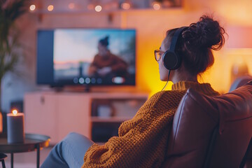 Teenage girl watching video with headphones, remote learning and back to school concept