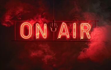 The "on air" logo made of red light tubes in a punk style. Podcast program list, podcast cover material - Powered by Adobe