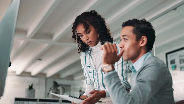 Business woman, coaching and pointing with junior for customer service, support or help at office. Female person training man, agent or intern consultant on computer for online advice at call center