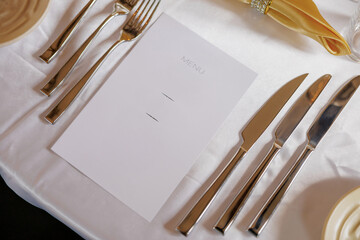 Cutlery and menu on a table in a restaurant close-up. Blank menu with the ability to write text. A...