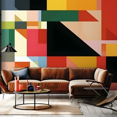 Vibrant Geometric Patterns Adorning a Cozy Contemporary Living Space