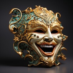 a gold mask with a dark background