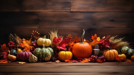 Autumn food arrangement on wooden background, various pumpkins on wooden tabletop, autumn food composition background, autumn menu cover, Halloween pumpkins